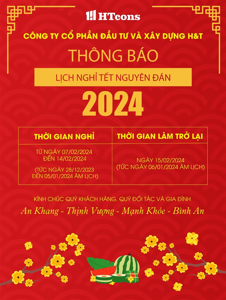 Thông báo lịch nghỉ Tết Nguyên đán Giáp Thìn 2024