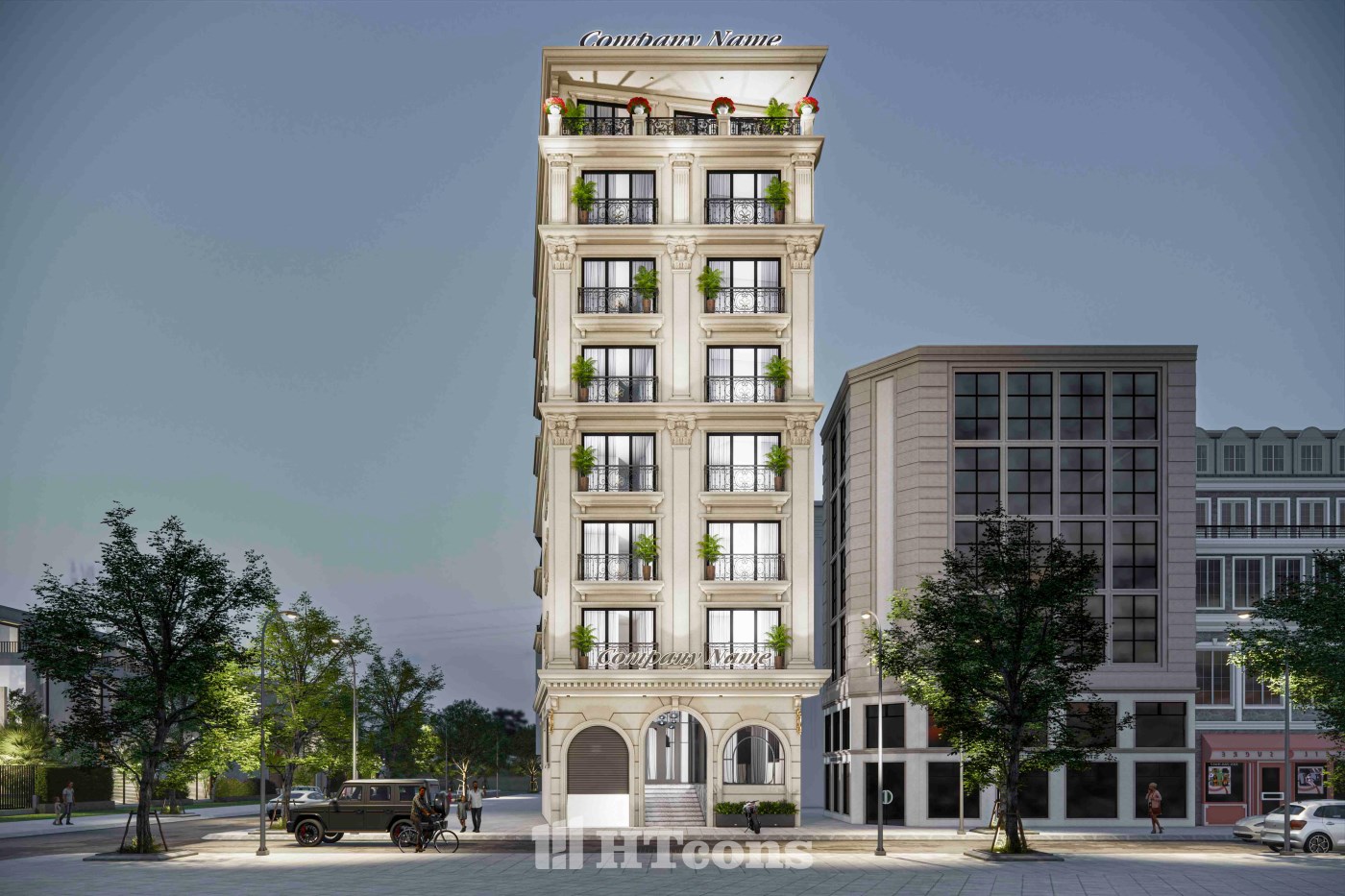 MẪU NHÀ PHỐ KẾT HỢP KINH DOANH PHONG CÁCH TÂN CỔ ĐIỂN 1 BÁN HẦM - 8 TẦNG