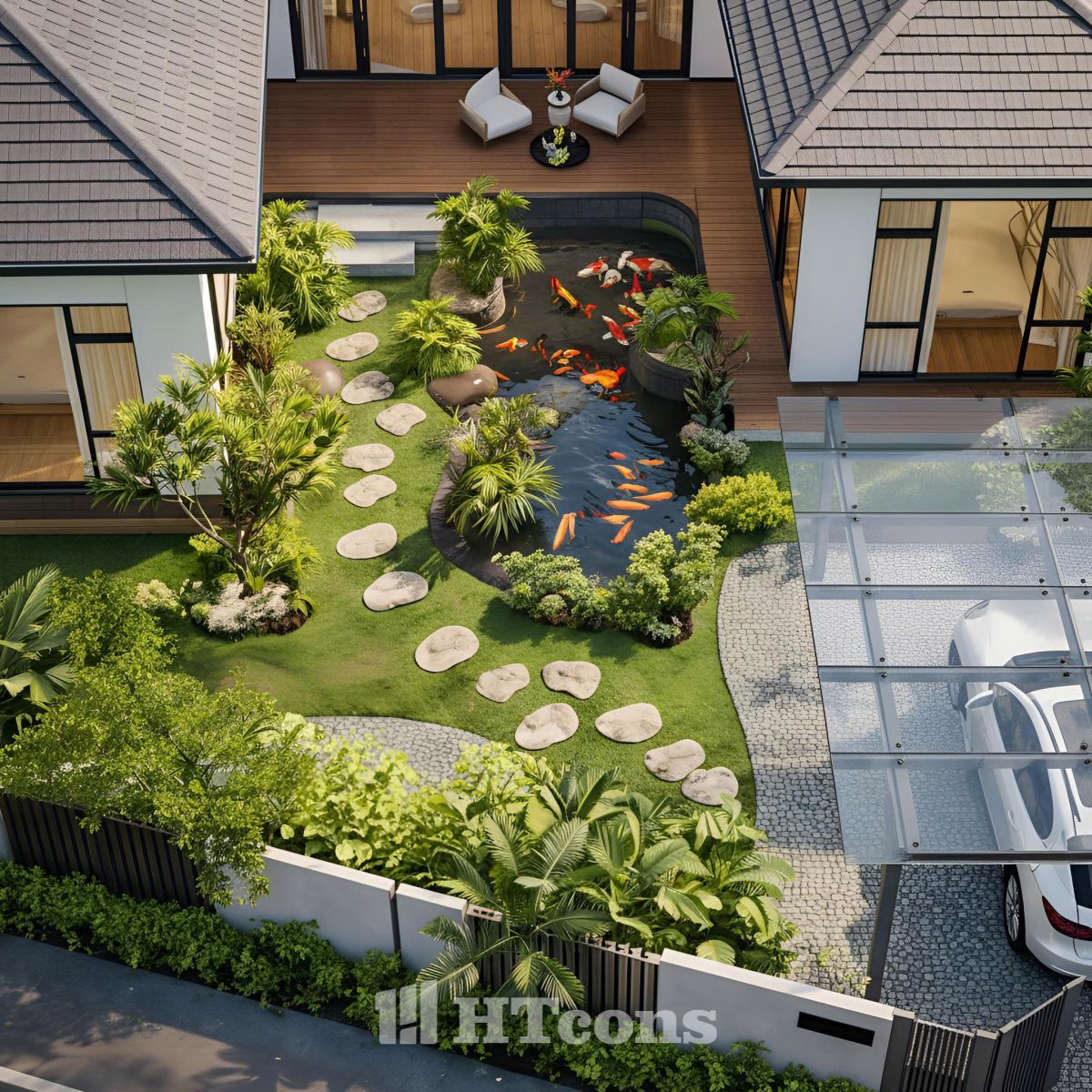 Hồ cá Koi cùng sân vườn được đưa vào vị trí trung tâm