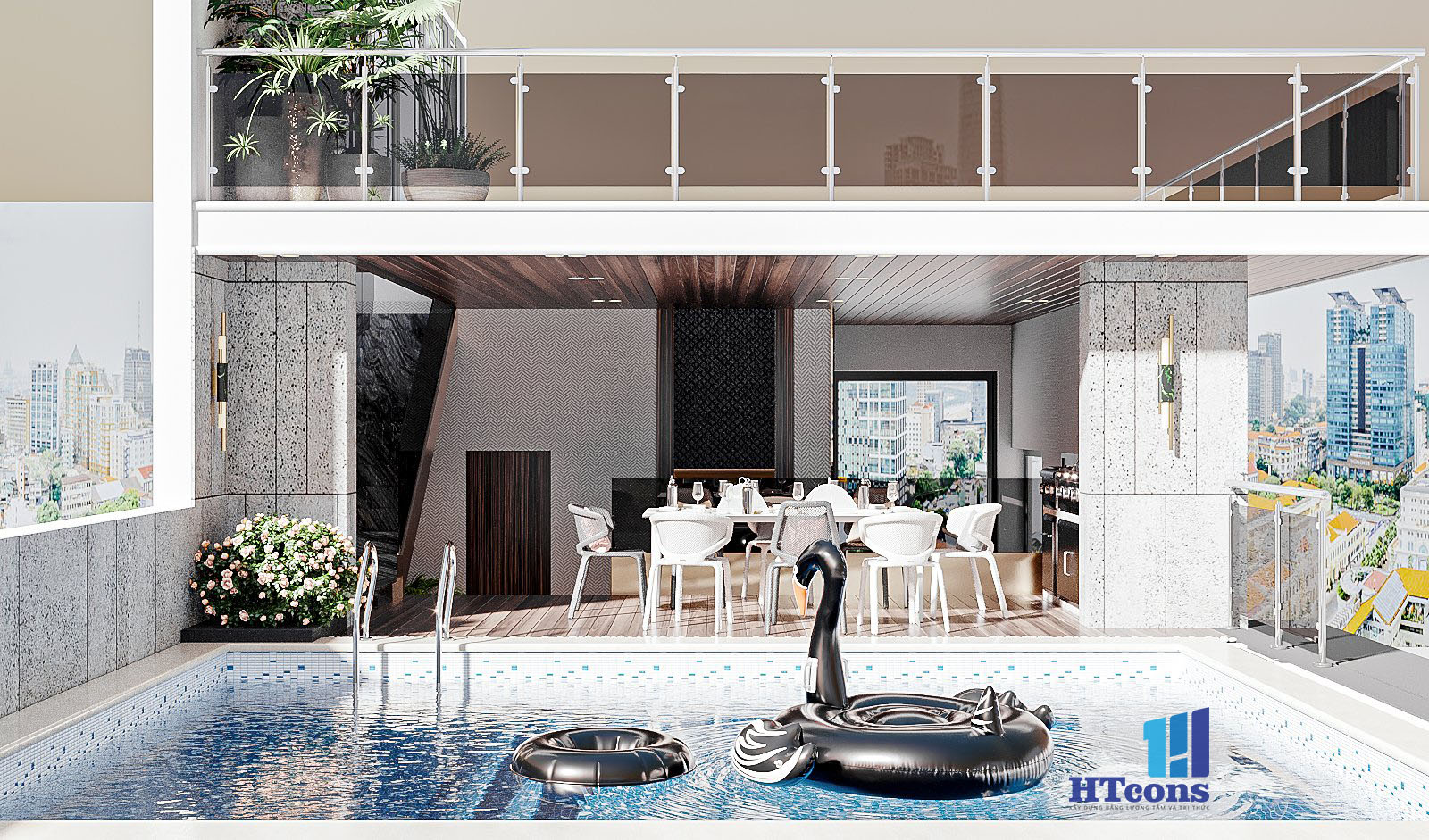 Thiết kế vu vực bể bơi sân thượng - Mẫu 1-2