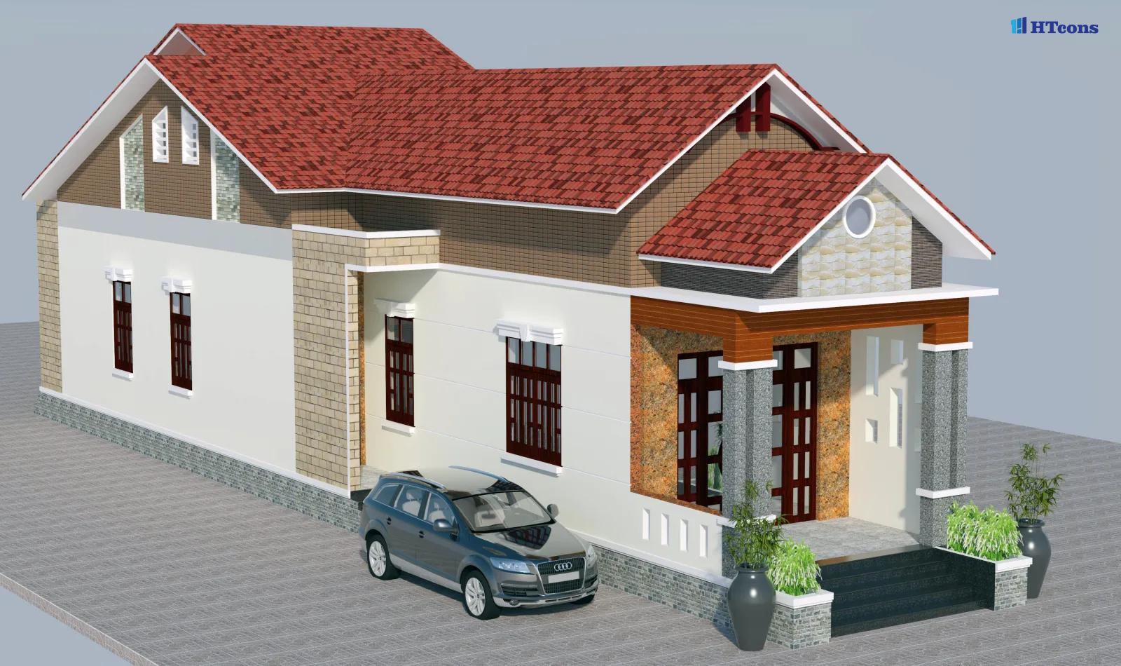 Nhà cấp 4 mái Thái 3 phòng ngủ mái đỏ