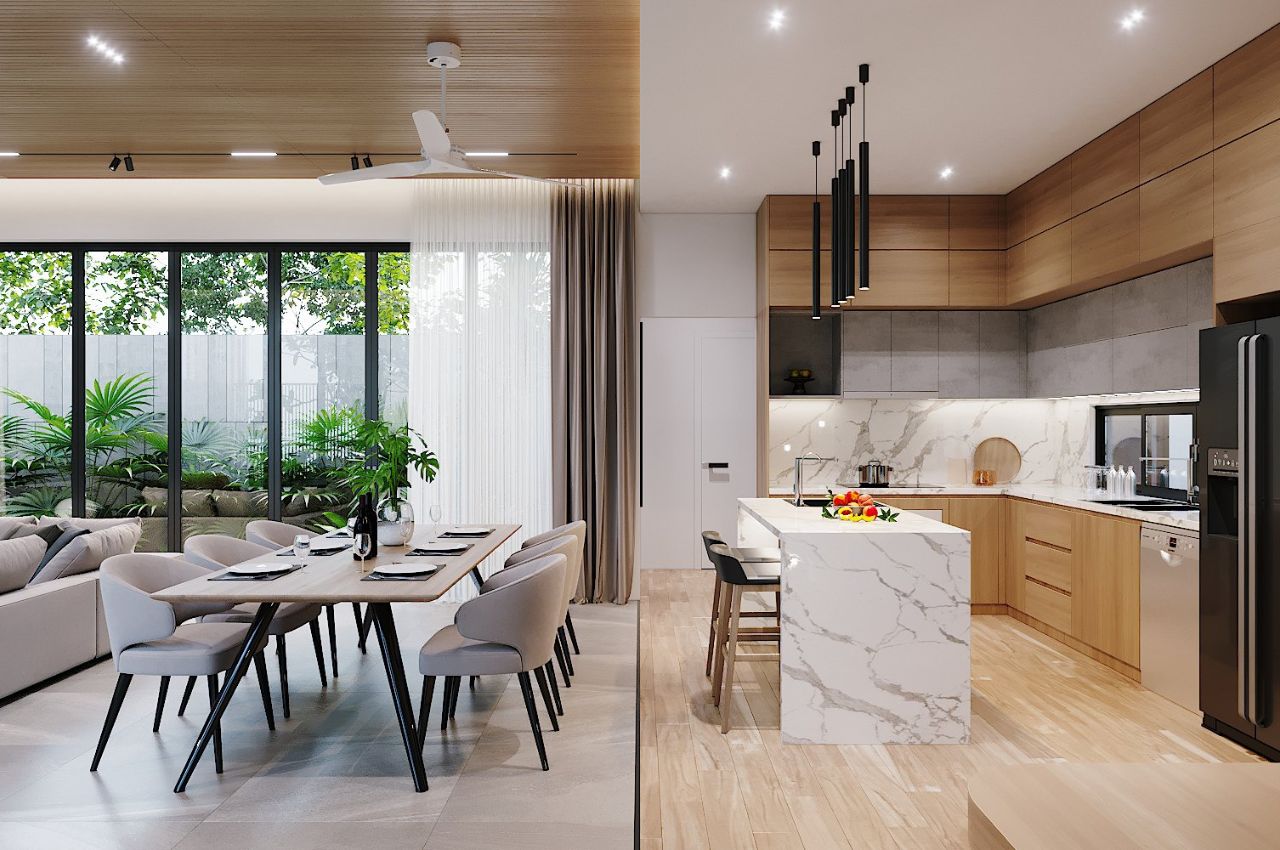 không gian bếp với hệ cửa rộng